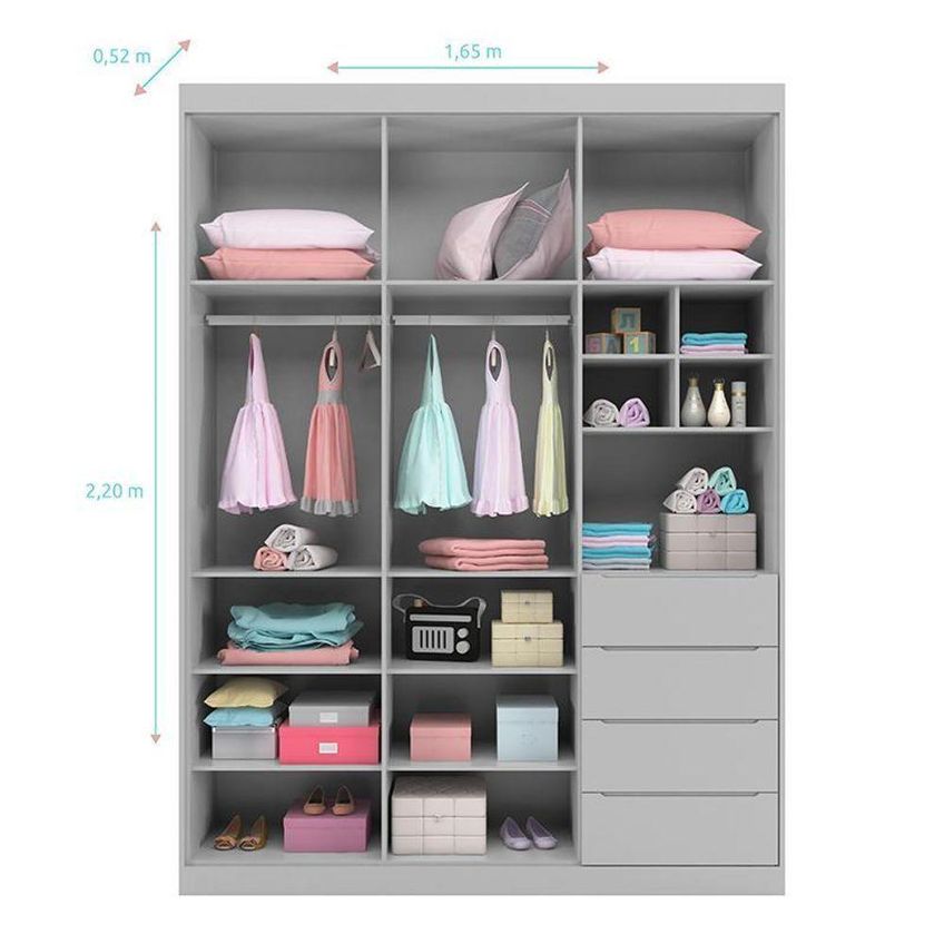 Guarda Roupa Infantil Pérola 3 Portas Giratórias 4 Gavetas MDF Cinza 165cm Phoenix Baby - imagem 2