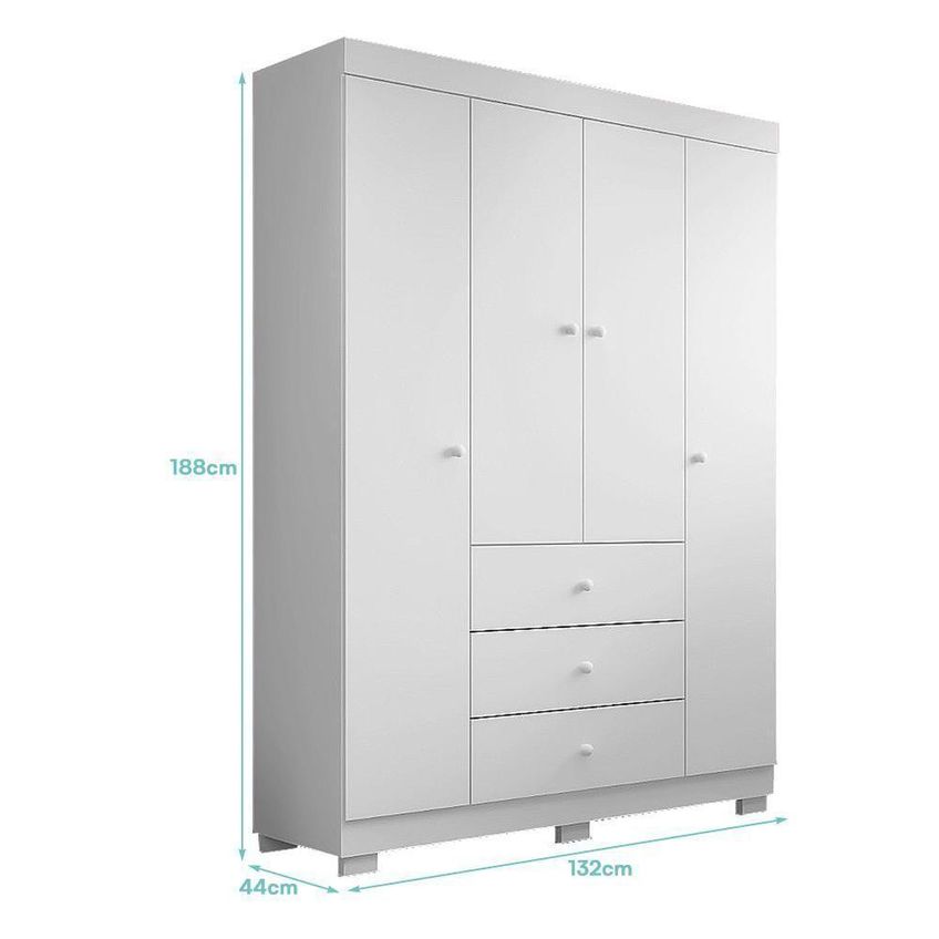 Guarda Roupa Infantil Duda 4 Portas De Bater 3 Gavetas MDF Branco Com Corrediças Telescópicas - imagem 4
