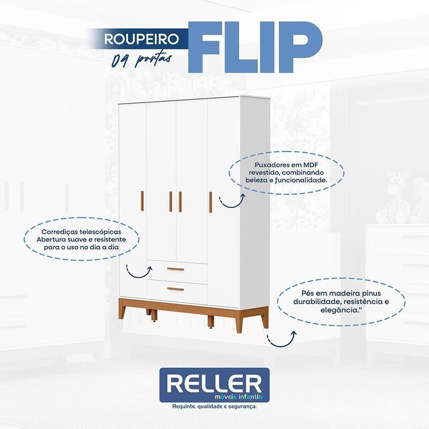 Guarda Roupa Infantil Flip 4 Portas 2 Gavetas MDF Fosco Branco Reller Móveis - imagem 5