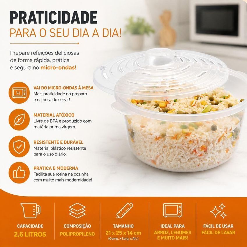 Panela Caçarola Para Micro-ondas 2,6l Com Tampa Transparente Para Arroz E Legumes - imagem 5