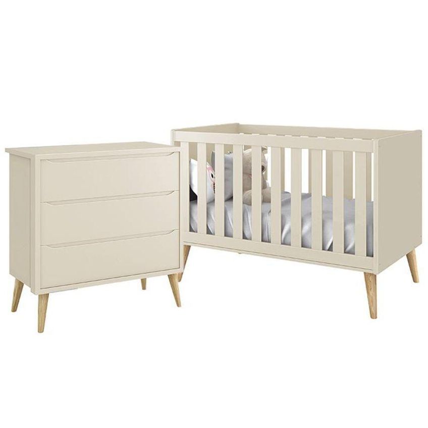 Jogo De Quarto Infantil Theo Cômoda 3 Gavetas E Berço Mdf Areia Fosco Com Pés Madeira Natural Reller - imagem 4