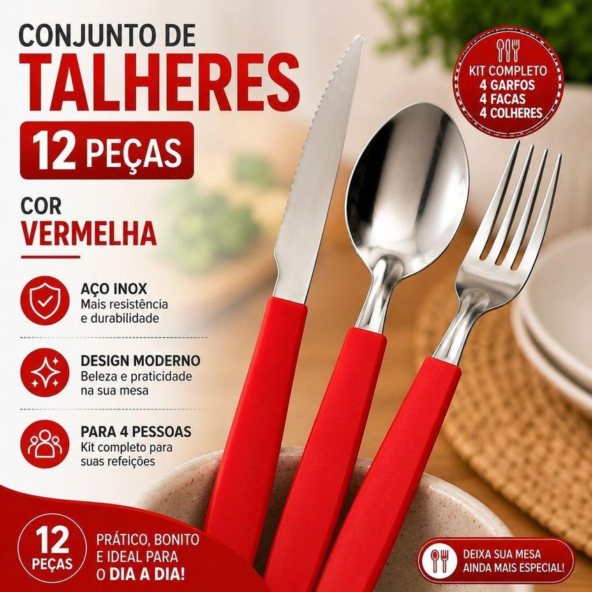 Conjunto De Talheres 12 Peças Vermelho Para Mesa 4 Pessoas Top Rio Comercial - imagem 2