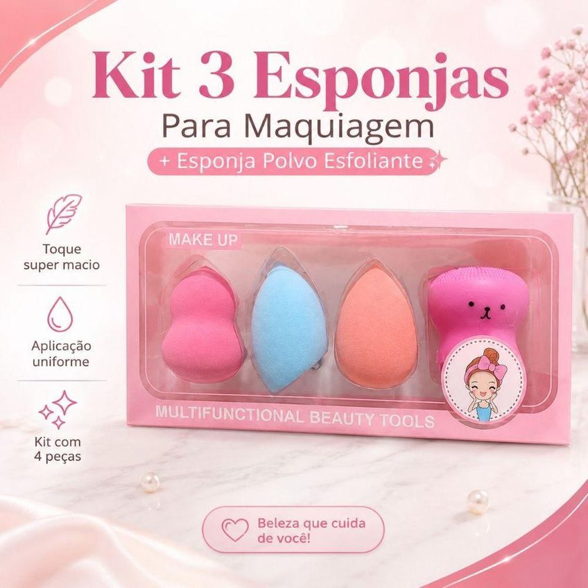 Kit 3 Esponjas Para Maquiagem E Esponja Polvo Esfoliante Com Acabamento Uniforme - imagem 5