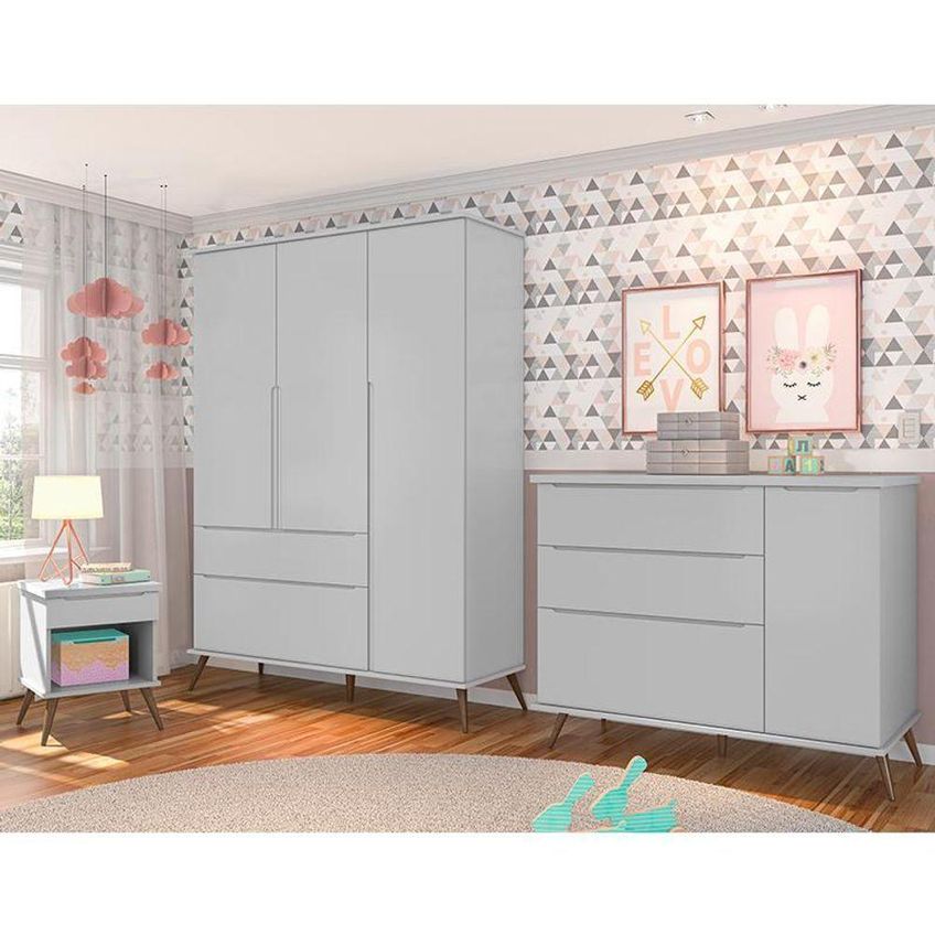 Jogo De Quarto Infantil Melinda Guarda Roupa Cômoda Mesinha 3 Portas 2 Gavetas MDF Cinza Phoenix - imagem 5
