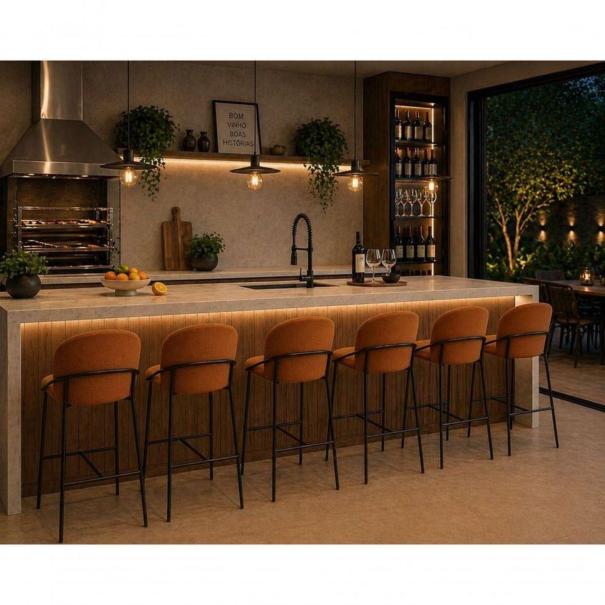 Kit 6 Banquetas Lívia Estofada Base Ferro Tecido Bouclê Terracota - imagem 3