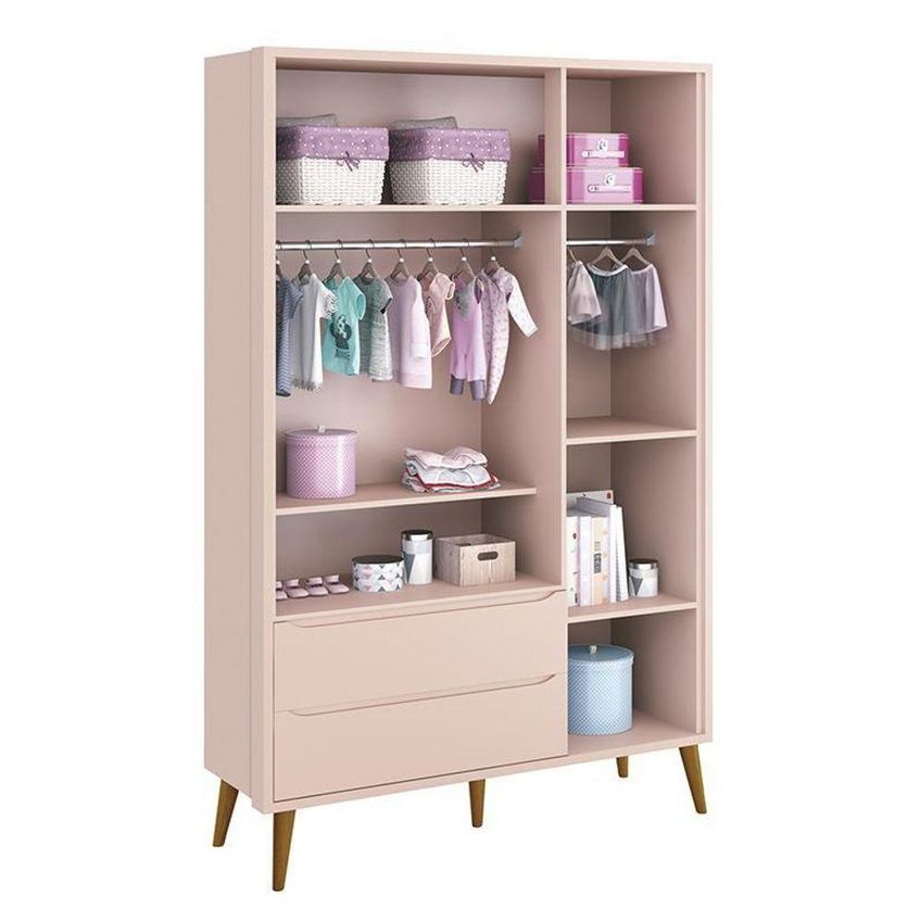 Guarda Roupa Infantil Theo 3 Portas De Bater 2 Gavetas MDF Com Pés Amadeirado Rosa Fosco - imagem 3