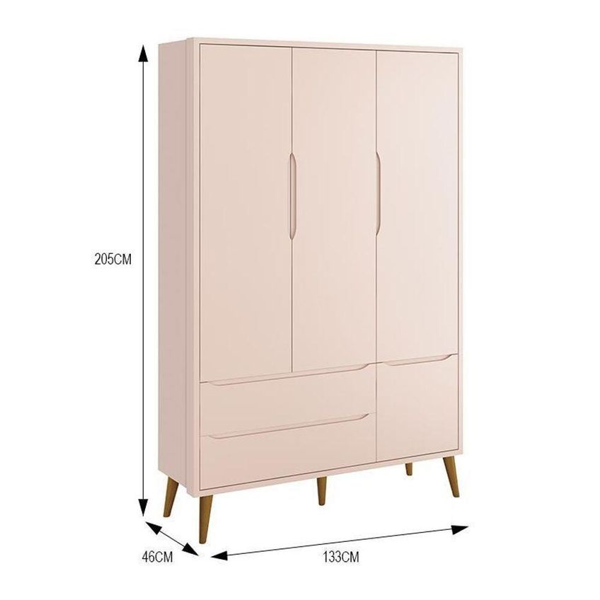 Guarda Roupa Infantil Theo 3 Portas De Bater 2 Gavetas MDF Com Pés Amadeirado Rosa Fosco - imagem 4