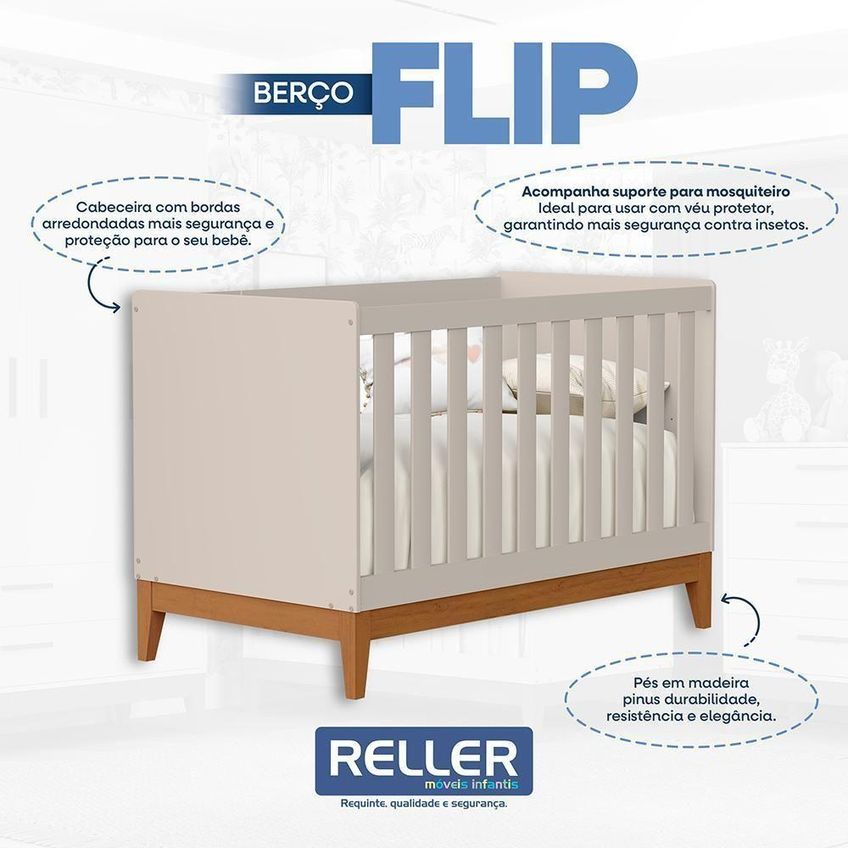 Berço Americano Mini Cama Flip Transforma-se Em Mini Cama Areia Fosco Reller Móveis - imagem 3
