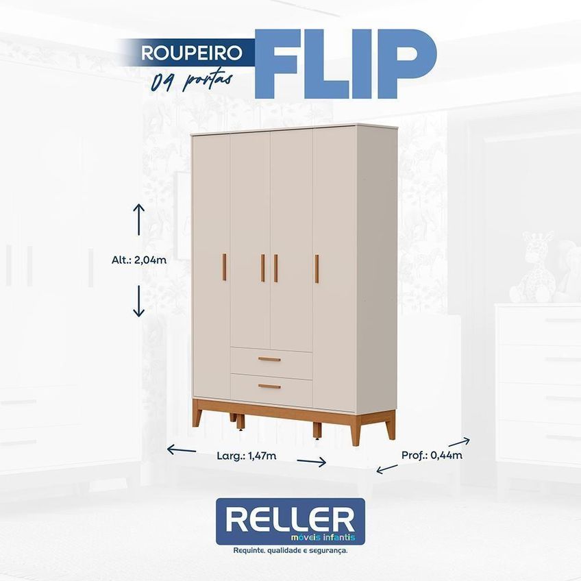 Jogo De Quarto Infantil Flip Guarda Roupa 4 Portas Cômoda 4 Gavetas Mdf Areia Fosco Reller Móveis - imagem 3