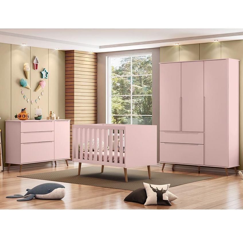 Conjunto De Quarto Melinda Com Guarda Roupa E Cômoda E Berço Retrô Com Colchão Supreme Rosê - imagem 4