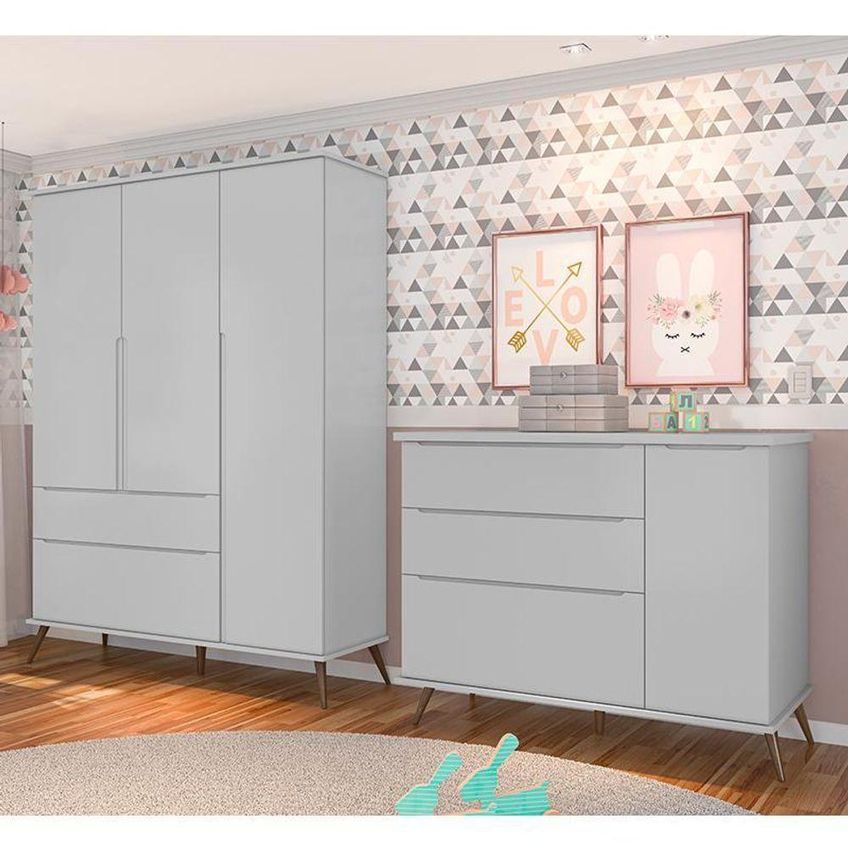 Jogo De Quarto Infantil Melinda Guarda Roupa E Cômoda 3 Portas 2 Gavetas Mdf Cinza Phoenix Baby - imagem 2