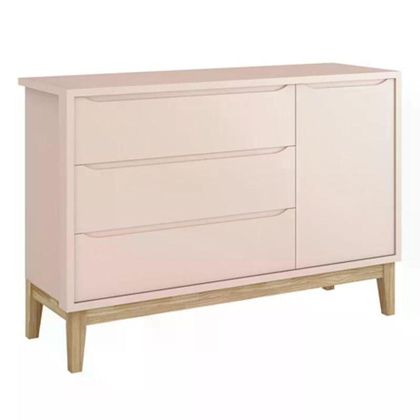 Jogo De Quarto Classic Cômoda Com Porta E Berço Americano MDF Rosa Fosco Com Pés Em Madeira Reller - imagem 5