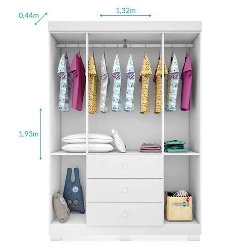 Dormitório Infantil Ane Guarda Roupa Cômoda Berço 4 Portas 3 Gavetas MDF Branco Phoenix Baby - imagem 3