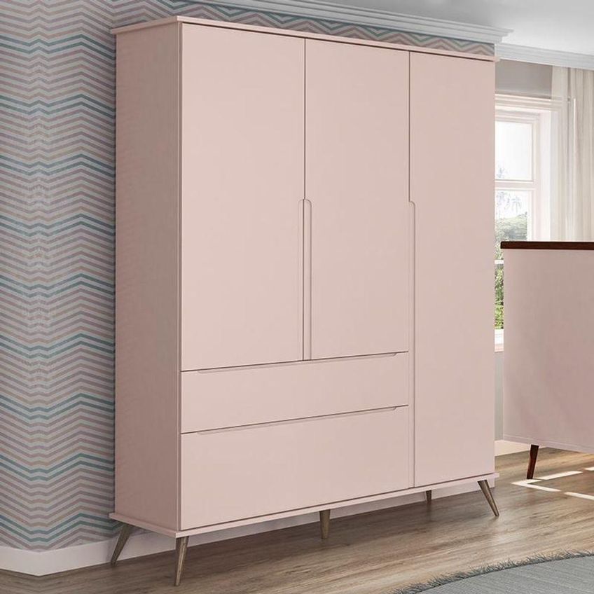 Guarda Roupa Infantil Melinda 3 Portas De Bater 2 Gavetas MDF Rosê Com Nichos Phoenix Baby - imagem 2