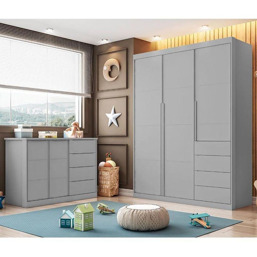 Jogo De Quarto Infantil Pérola Com Guarda Roupa E Cômoda 3 Portas 4 Gavetas Mdf Cinza Phoenix Baby - imagem 2
