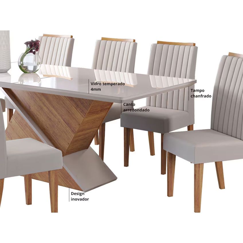 Conjunto Mesa Jantar Atlantis 200x90cm 08 Cadeiras Estofadas Tampo Vidro Revestimento Veludo Viero - imagem 5