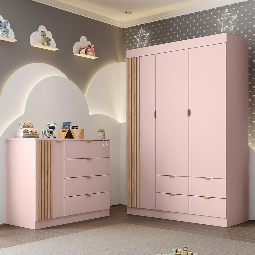 Jogo De Quarto Ayla Com Guarda Roupa E Cômoda 4 Portas 8 Gavetas MDF Rosê Acetinado Phoenix Baby - imagem 2