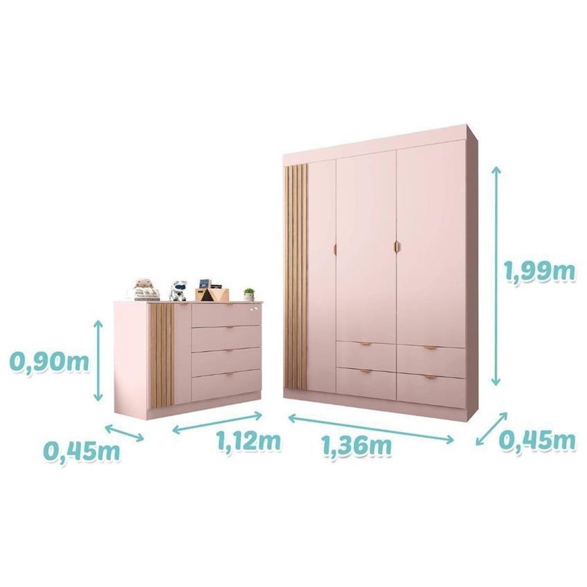 Jogo De Quarto Ayla Com Guarda Roupa E Cômoda 4 Portas 8 Gavetas MDF Rosê Acetinado Phoenix Baby - imagem 5