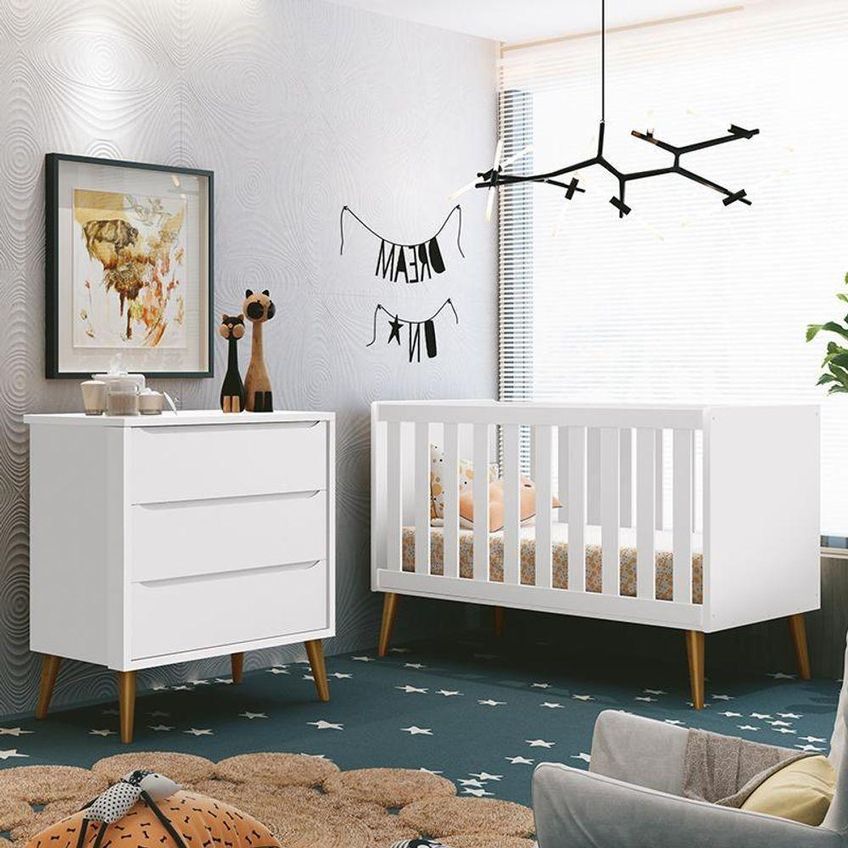 Jogo De Quarto Infantil Cômoda 3 Gavetas E Berço Americano Theo Retrô Mdf Branco Fosco Reller Móveis - imagem 3