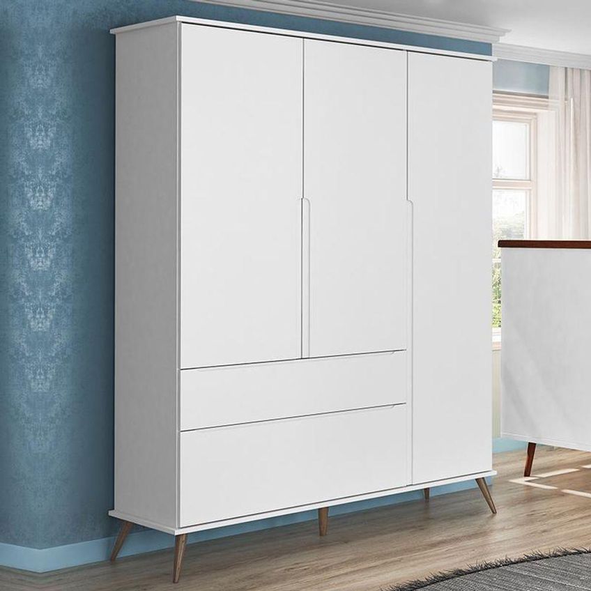 Guarda Roupa Infantil Melinda 3 Portas De Bater 2 Gavetas MDF Branco Com Nichos Phoenix Baby - imagem 3