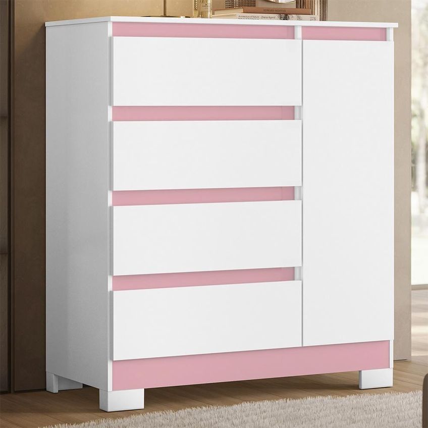 Cômoda Sapateira Olímpia 1 Porta 4 Gavetas MDP 84cm Branco E Rosa - imagem 3