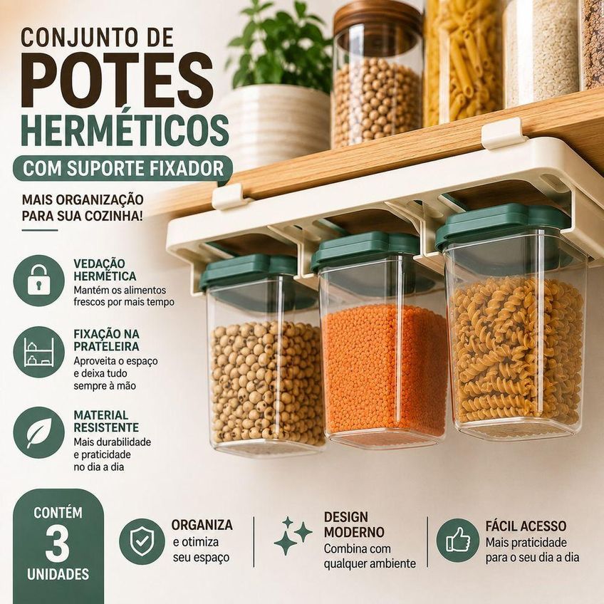 Kit Organizador De Cozinha Com Potes Herméticos E Suporte Fixador Top Rio Comercial - imagem 3