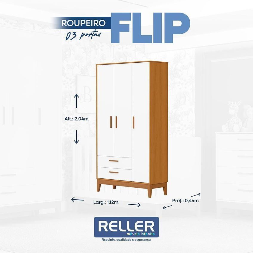 Guarda Roupa Infantil Flip 3 Portas 2 Gavetas MDF Branco Fosco Savana Reller Móveis - imagem 4