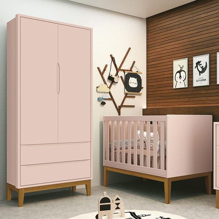 Jogo De Quarto Infantil Guarda Roupa 2 Portas E Berço Classic Mdf Rosa Fosco Com Pés Amadeirado - imagem 3