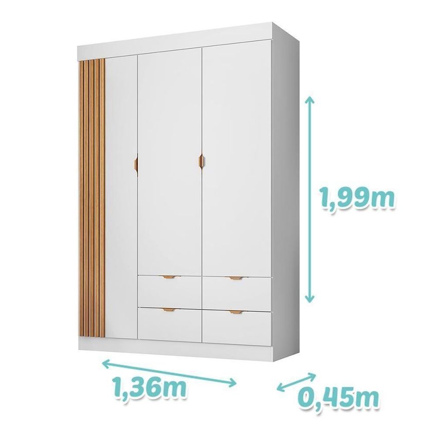 Guarda Roupa Infantil Ayla 3 Portas De Bater 4 Gavetas MDF Branco Acetinado Phoenix Baby - imagem 3