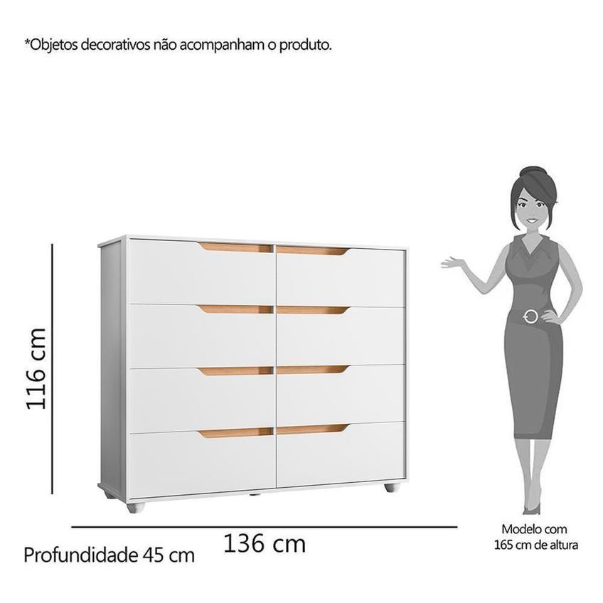 Cômoda Doble 8 Gavetas MDP Puxador em Cava Branco Freijó - imagem 3