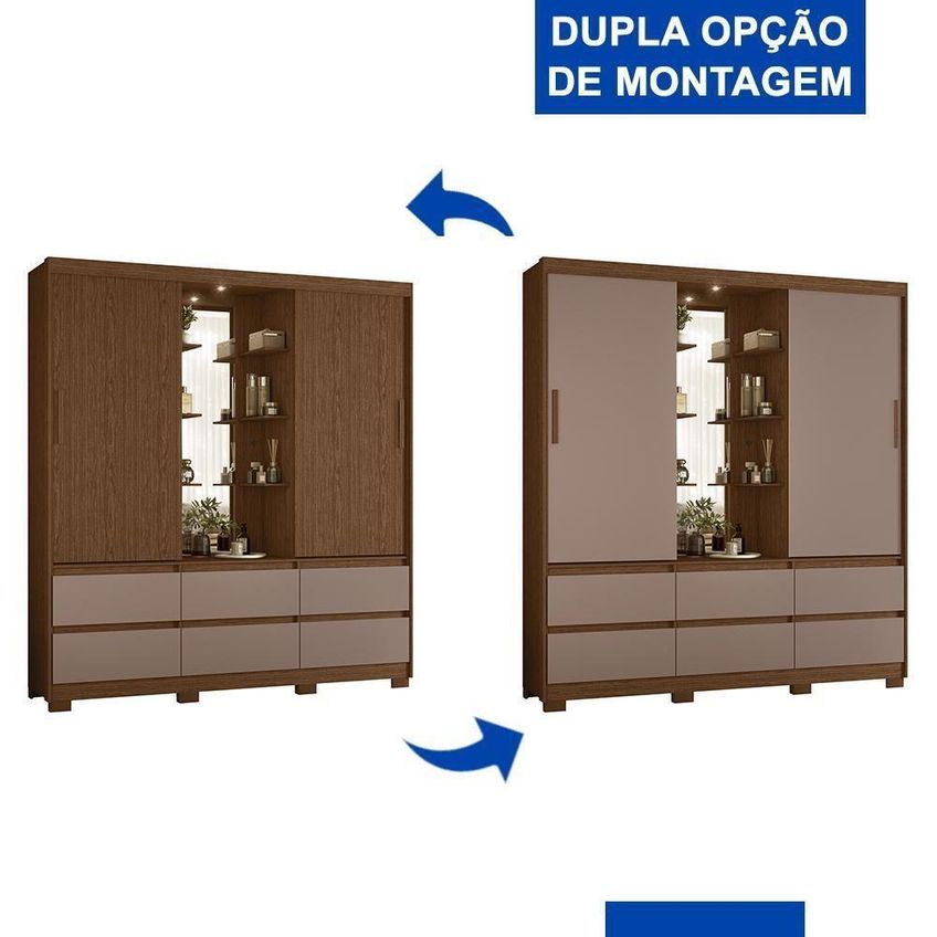 Guarda Roupa Solteiro Atena 2 Portas Correr 6 Gavetas MDP Com LED Nogueira-Capuccino Albatroz Móveis - imagem 3