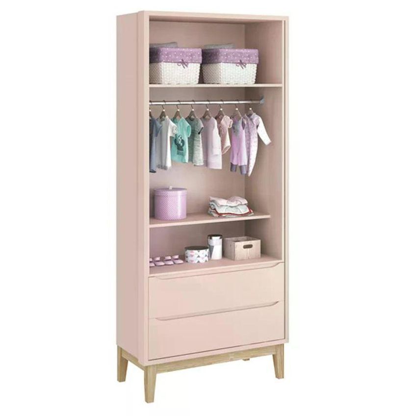 Jogo De Quarto Classic Guarda Roupa 2 Portas E Cômoda MDF Rosa Fosco Com Pés Madeira Natural Reller - imagem 4