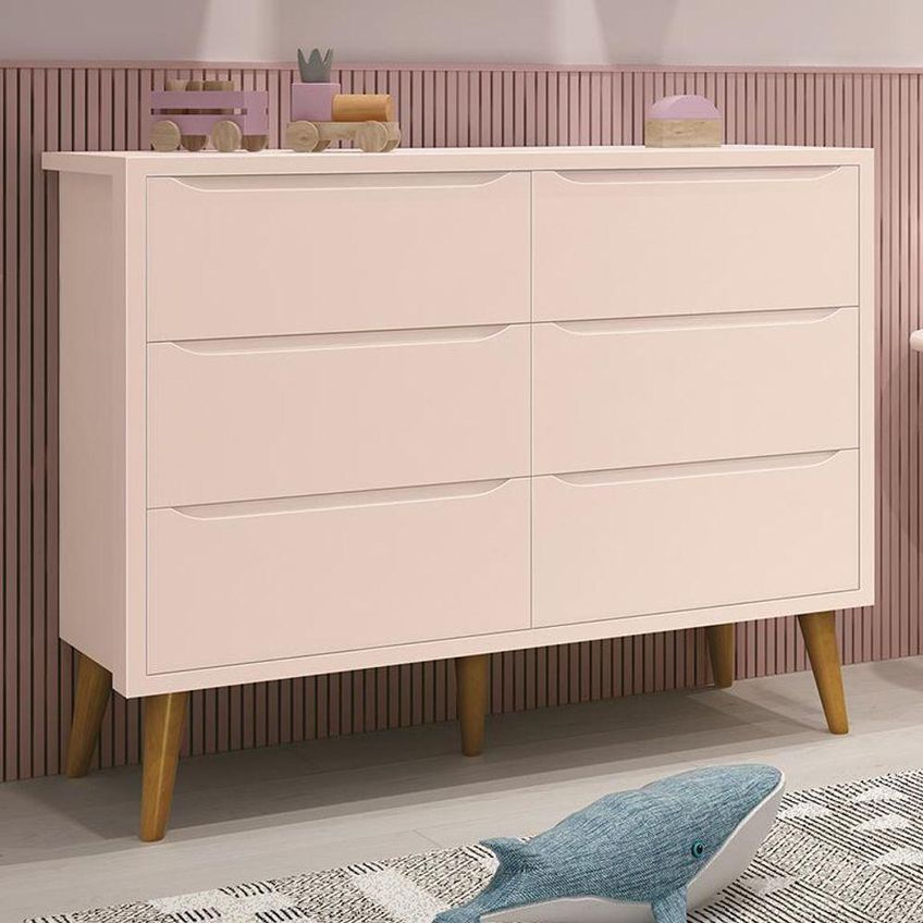 Cômoda Infantil Theo 6 Gavetas MDF Puxador Embutido Rosa Fosco Reller Móveis - imagem 3