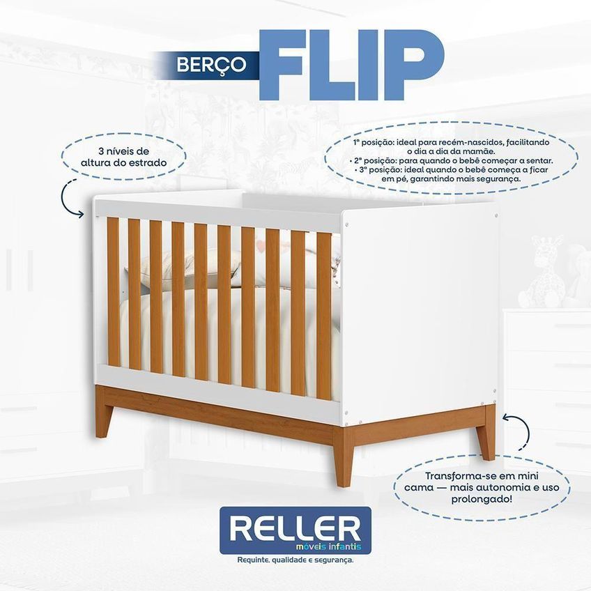 Jogo De Quarto Infantil Cômoda E Berço Americano MDF Branco Fosco Reller Móveis - imagem 4