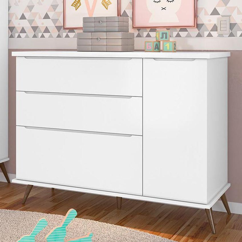 Cômoda Infantil Melinda 1 Porta E 3 Gavetas MDF Puxadores Embutidos Branco - imagem 3