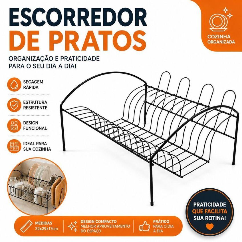 Escorredor De Pratos Compacto Com Porta Copos Em Metal Resistente Para Cozinha Preto - imagem 3