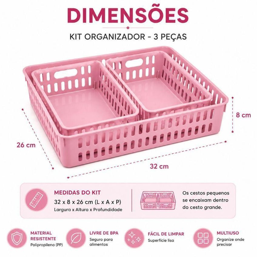 Kit 3 Cestos Organizador Infantil Multiuso Polipropileno Livre De Bpa Para Gaveta Armario Cozinha - imagem 3