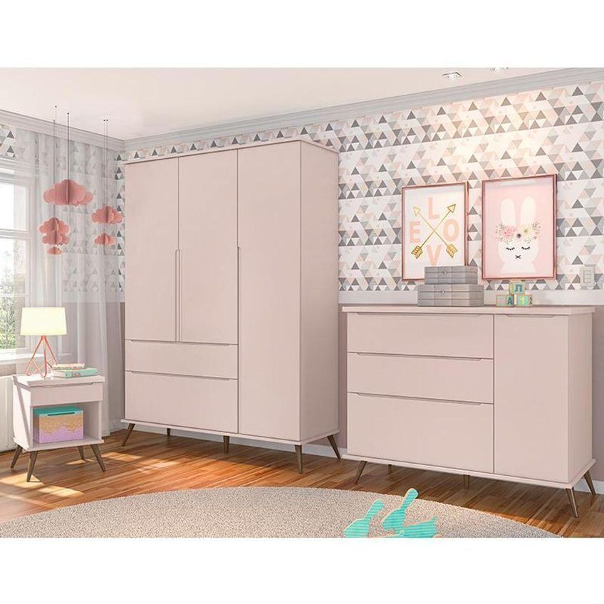 Jogo De Quarto Infantil Melinda Guarda Roupa Cômoda Mesinha 3 Portas 2 Gavetas MDF Rosê Phoenix Baby - imagem 4