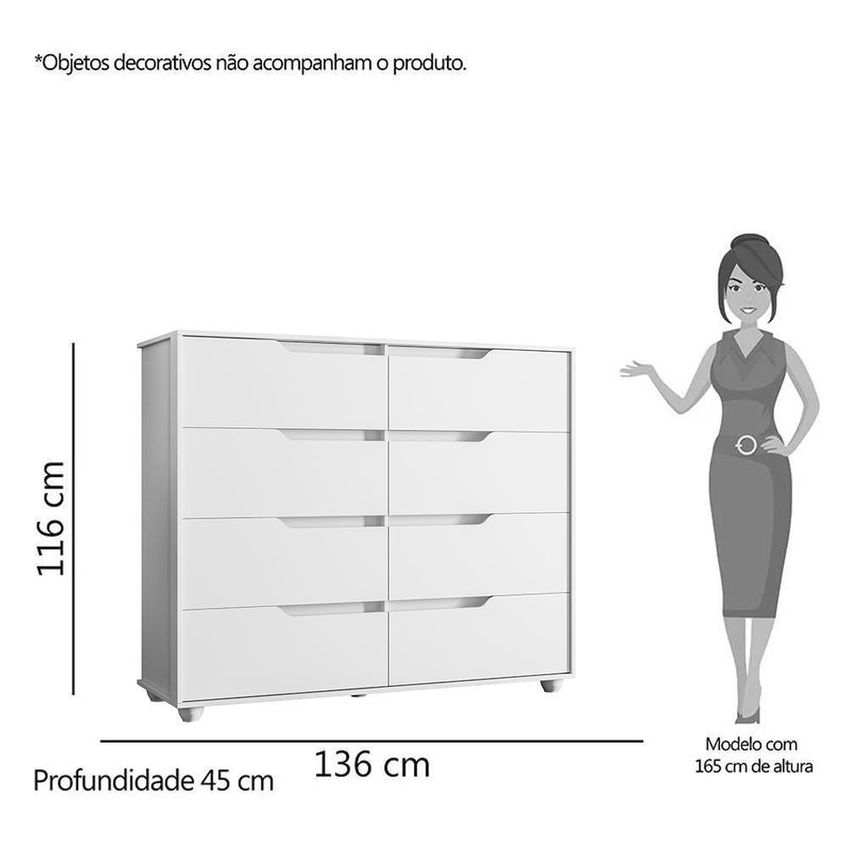 Cômoda Doble 8 Gavetas MDP Puxador Em Cava Branco Fosco - imagem 3