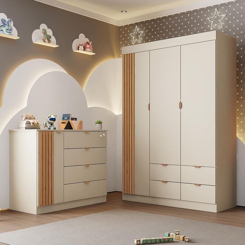 Jogo De Quarto Infantil Ayla Com Guarda Roupa E Cômoda MDF Off White Phoenix Baby - imagem 3