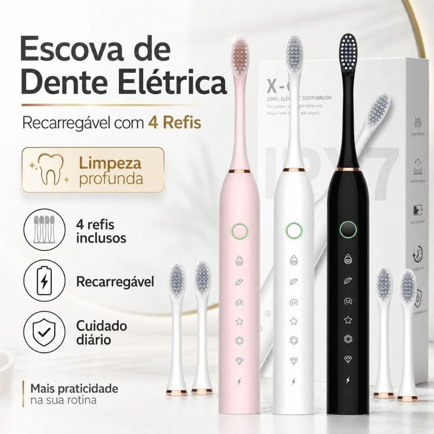 Escova De Dente Elétrica Recarregável Com 4 Refis Limpeza Profunda 14 Dias - imagem 3