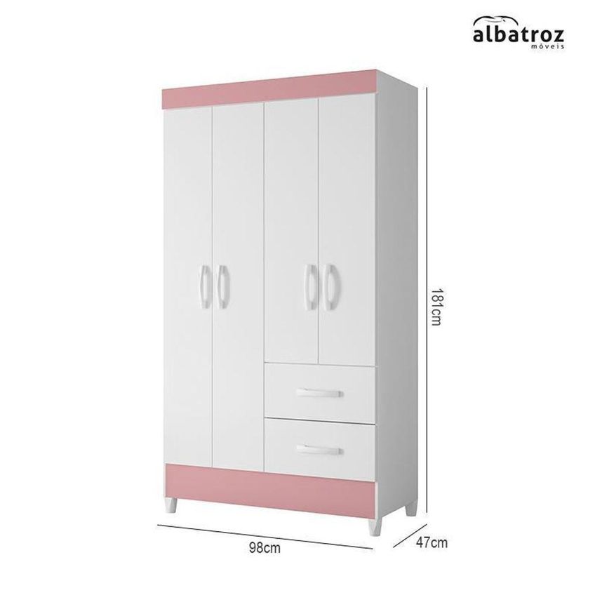 Guarda Roupa Solteiro Flex 4 Portas De Bater 2 Gavetas MDP Branco-rosa Albatroz Móveis - imagem 3