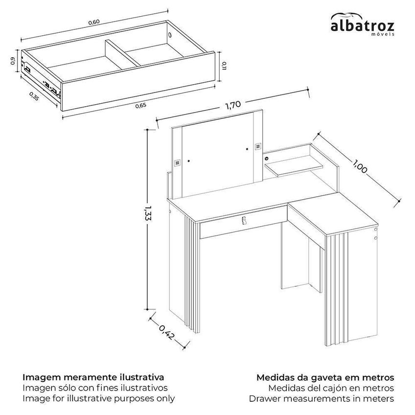 Penteadeira Camarim Glow Moderno 1 Gaveta MDP Branco 170cm - imagem 3