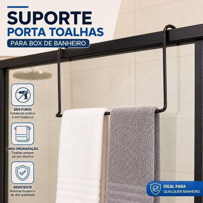 Suporte Porta Toalhas Para Box Sem Furo Organizador Prático Preto - imagem 4