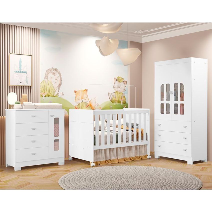 Conjunto De Quarto New Katatau Guarda Roupa Cômoda Berço Mini Cama 2 Portas 3 Gavetas MDF Branco - imagem 3