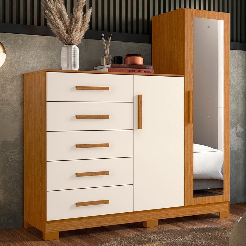 Cômoda New Master 5 Gavetas MDP Puxador em MDF Cinamomo e Off White - imagem 3