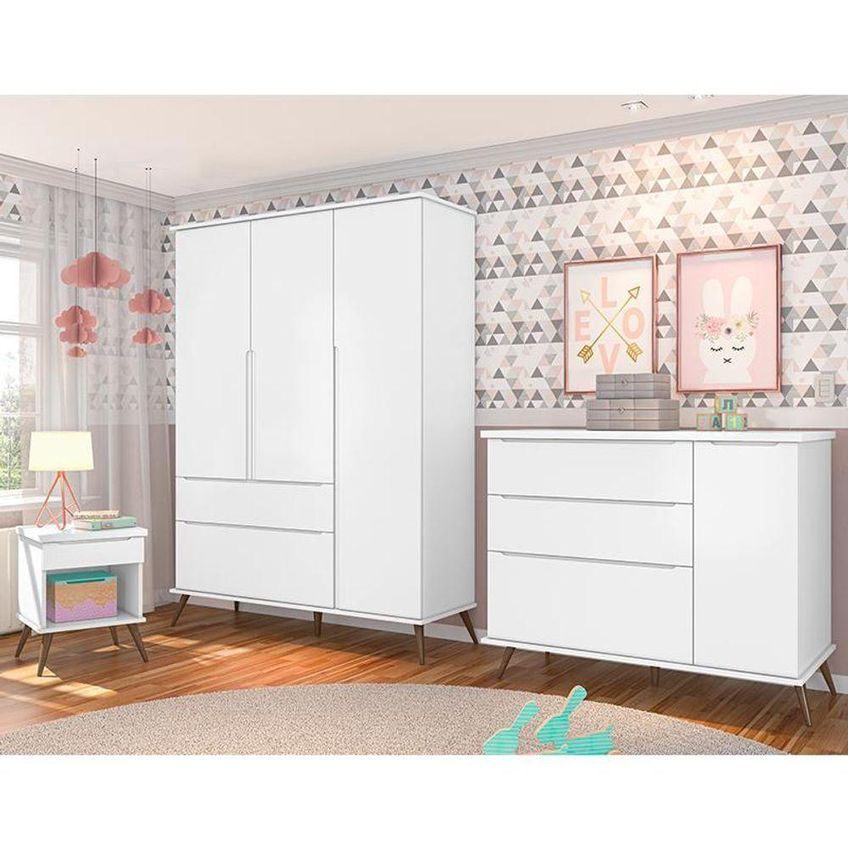 Jogo De Quarto Infantil Melinda Guarda Roupa 3 Portas Cômoda 1 Porta Mesinha 1 Gaveta Mdf Branco - imagem 2