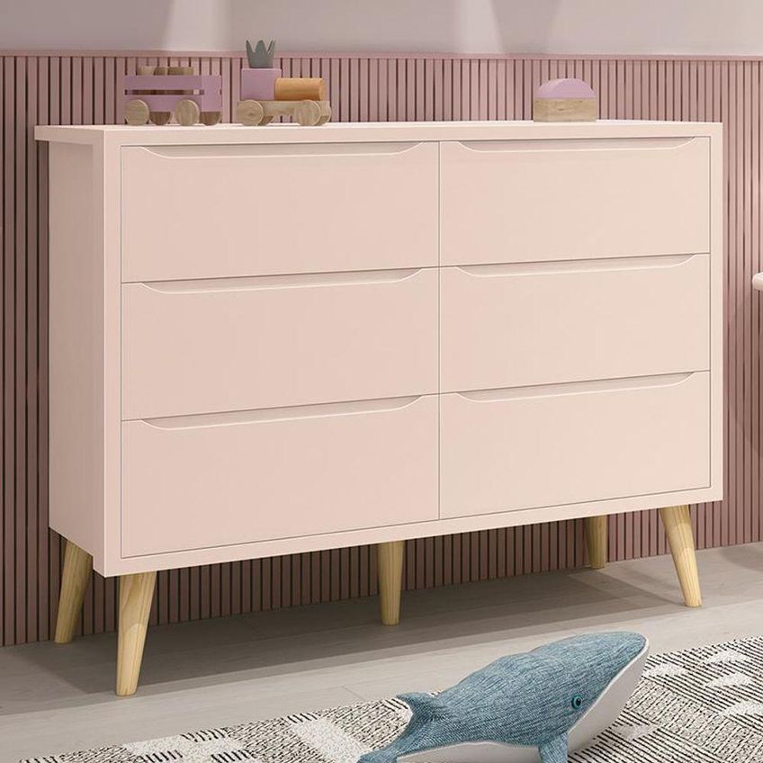 Cômoda Infantil Theo 6 Gavetas MDF Puxador Embutido Rosa Fosco Com Pés De Madeira Reller Móveis - imagem 4