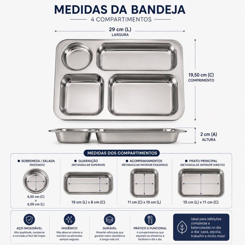 Bandeja Inox 4 Compartimentos Aço Inox Para Refeitório Restaurante - imagem 2