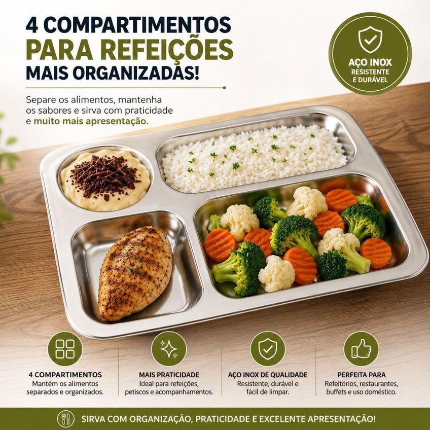 Bandeja Inox 4 Compartimentos Aço Inox Para Refeitório Restaurante - imagem 4